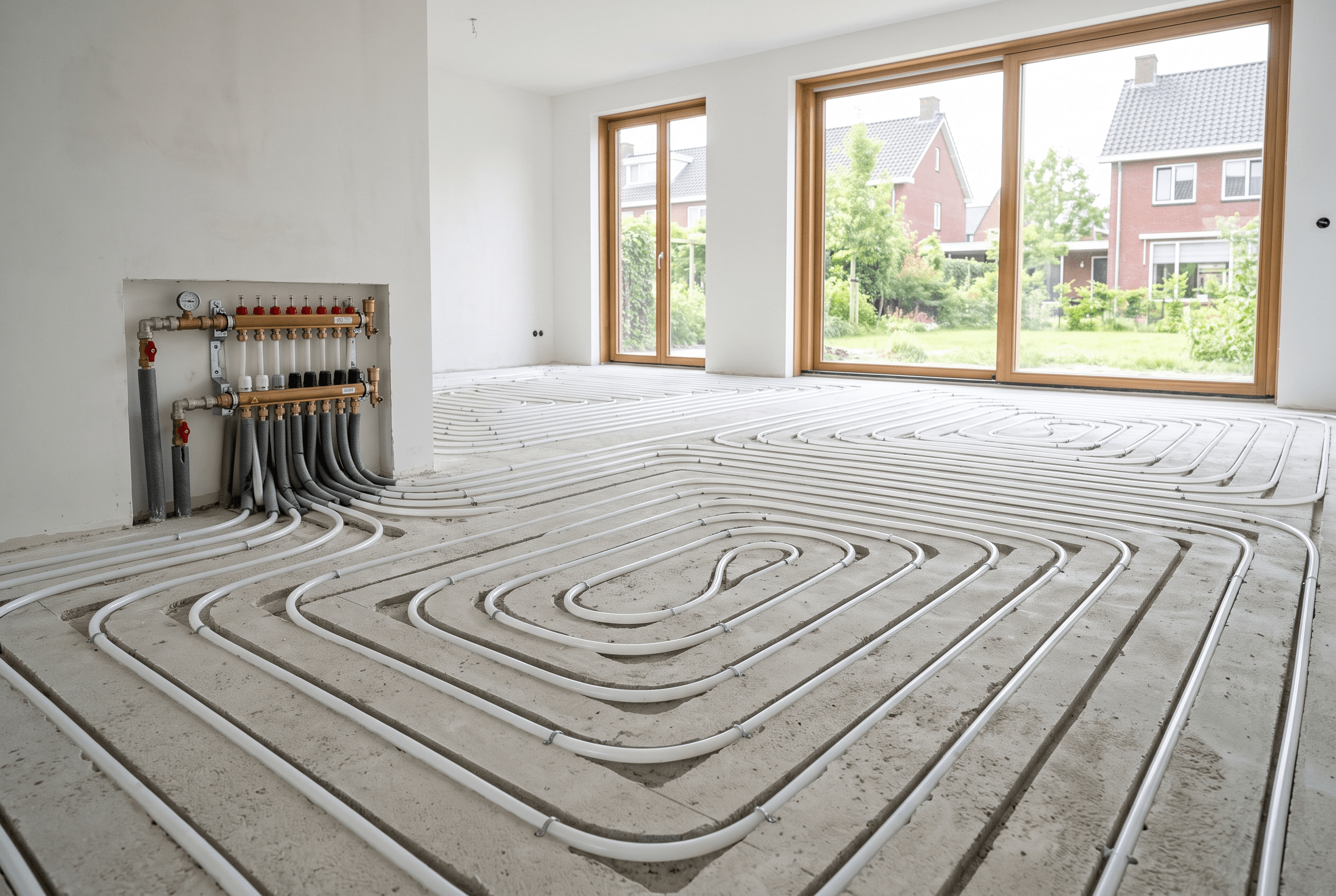 Vloerverwarming ingefreesd in een bestaande dekvloer, met verdeler aan de wand