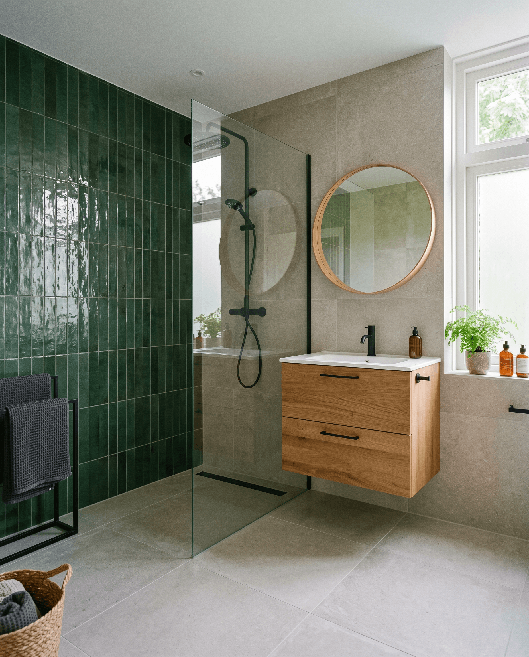 Gerenoveerde badkamer met inloopdouche, lichtgrijze tegels en een wand met groene tegels