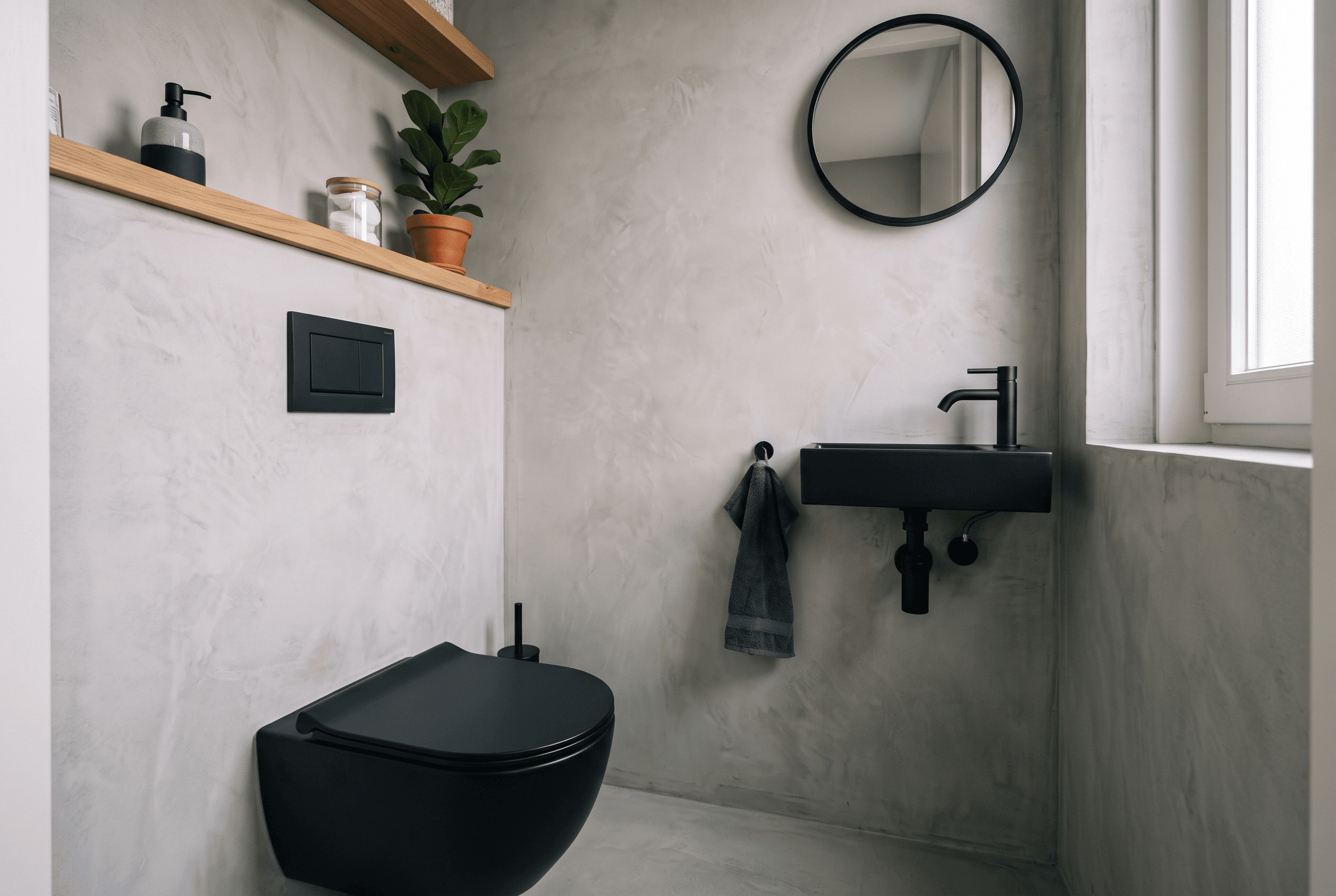 Vernieuwde toiletruimte met hangend toilet, fonteintje en eiken plank