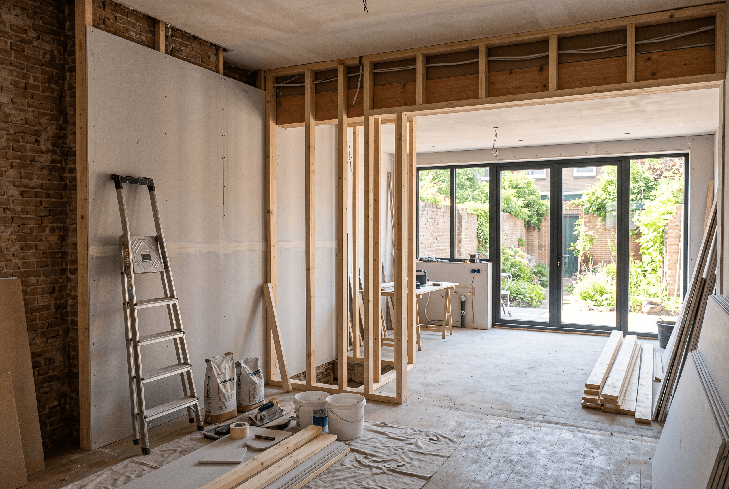 Verbouwing van een rijtjeswoning met nieuwe binnenwand en uitbouw met glazen puien