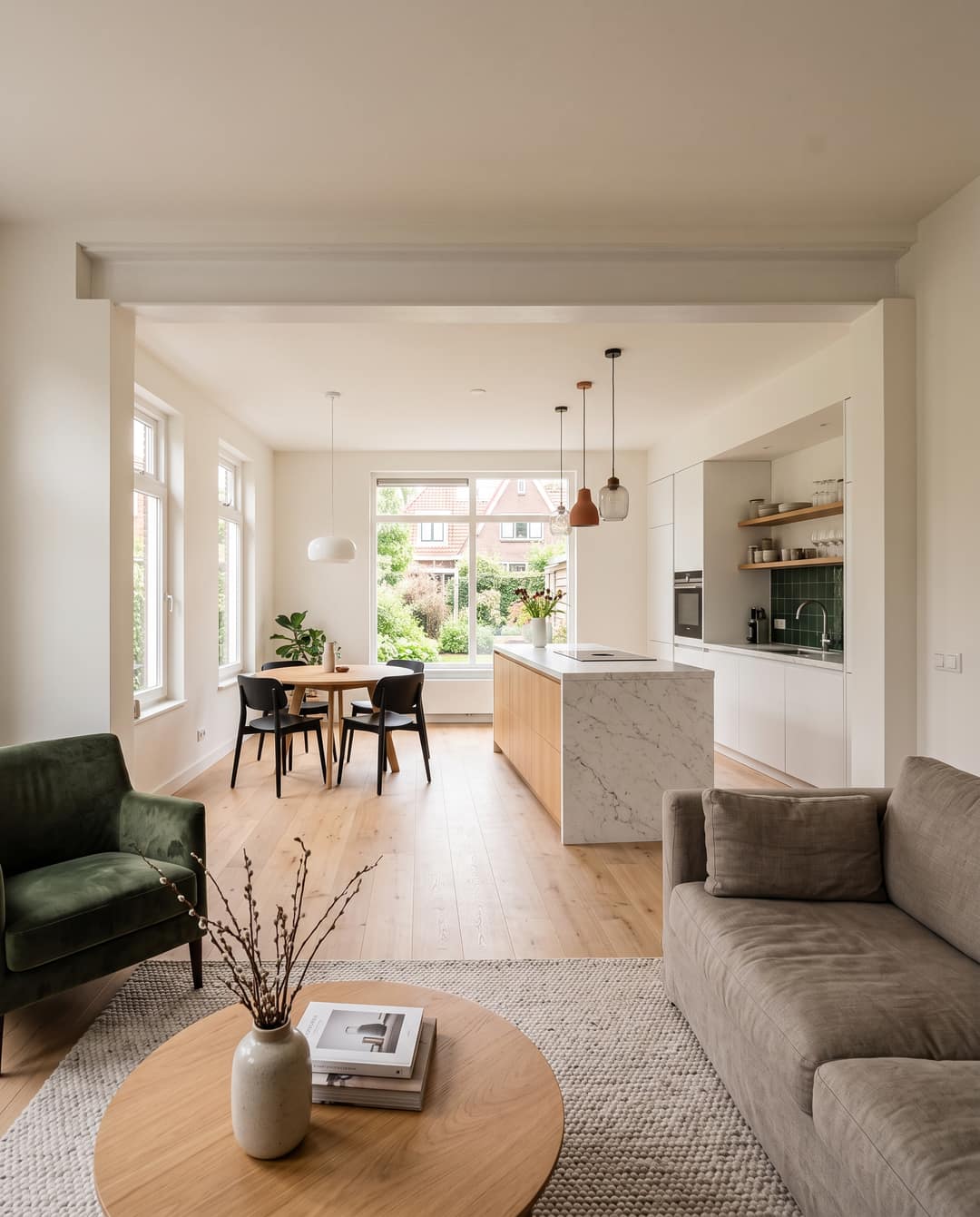 Open woonkamer en keuken na een muurdoorbraak, met weggewerkte stalen balk in het plafond