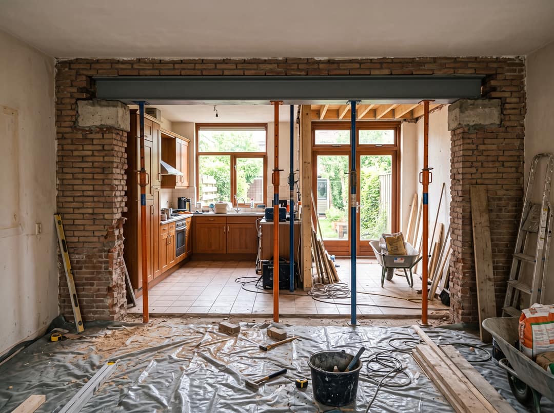 Doorgebroken dragende muur tussen keuken en woonkamer met nieuwe stalen balk op stempels